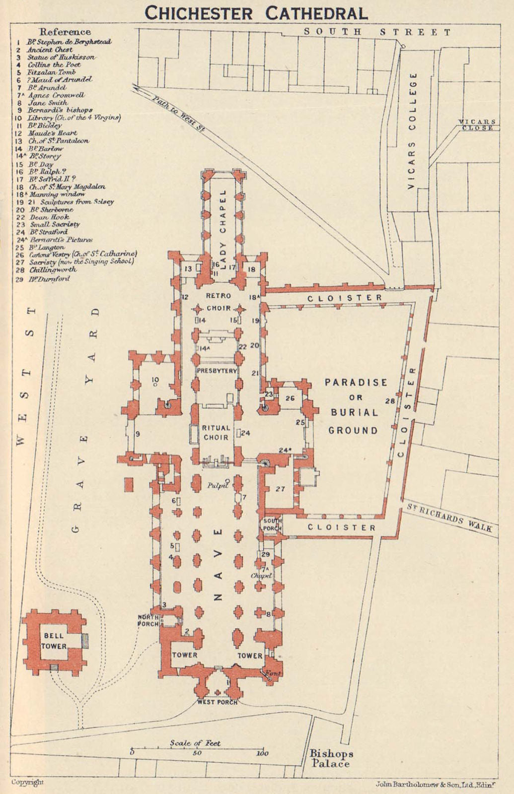 Chichester Cathedral ground floor plan. Sussex 1920 old antique map chart